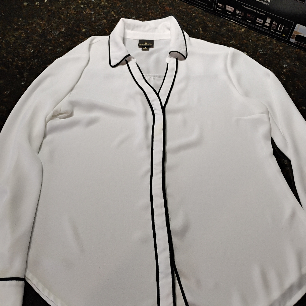 White Worthington Blouse with Black Trim
